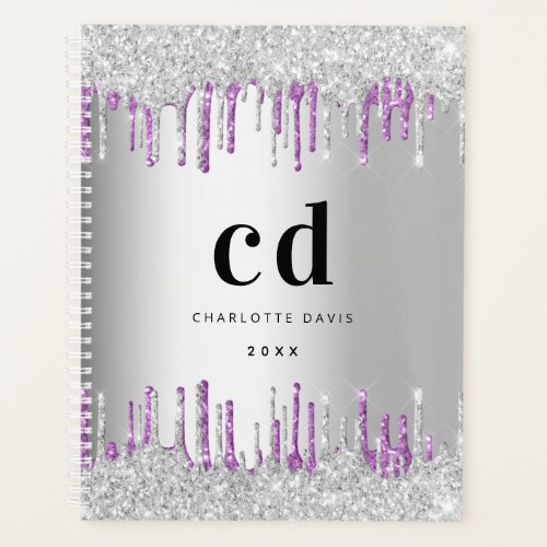 Silver purple glitter drips monogram 2024 planner