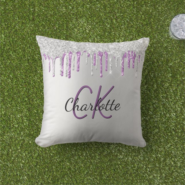 Silver purple glitter drips monogram name outdoor pillow (Grass)