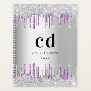 Silver purple glitter drips monogram planner