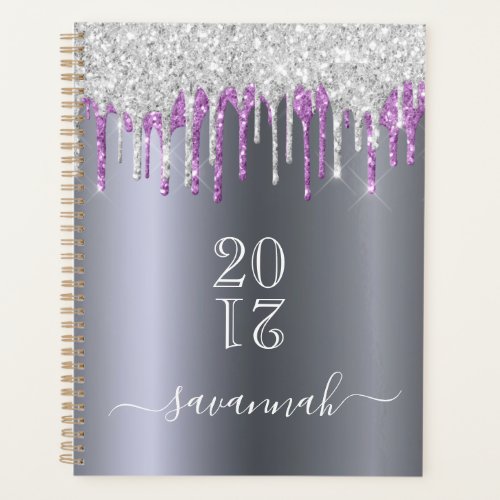 Silver purple glitter drips name 2024 planner