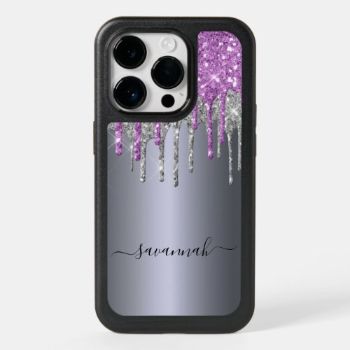 Silver purple glitter drips name OtterBox iPhone 14 pro case