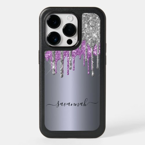 Silver purple glitter drips name script OtterBox iPhone 14 pro case