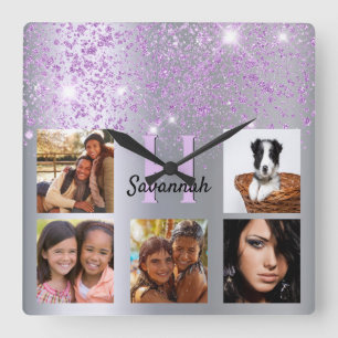 Silver purple glitter dust custom photo collage square wall clock