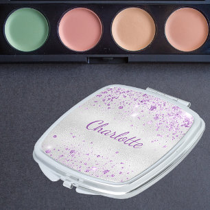 Silver purple glitter dust metal monogram name compact mirror