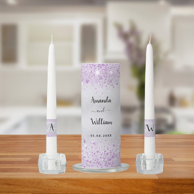 Silver purple glitter dust metal names wedding unity candle set (Creator Uploaded)