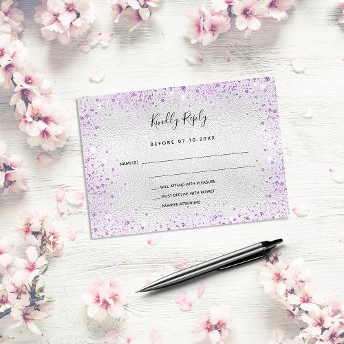 Silver purple glitter elegant wedding RSVP Note Card
