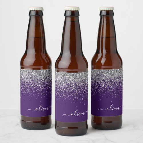 Silver Purple Glitter Girly Monogram Name Beer Bottle Label
