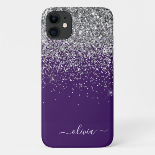 Silver Purple Glitter Girly Monogram Name iPhone 11 Case