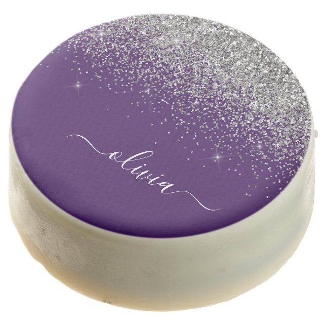 Silver Purple Glitter Girly Monogram Name Chocolate Covered Oreo (Angled)