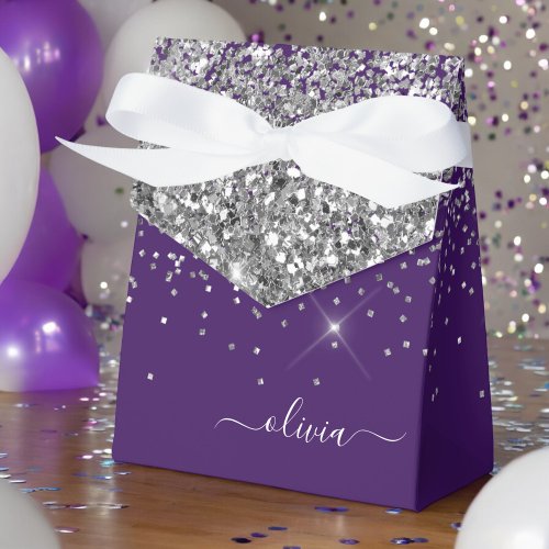 Silver Purple Glitter Girly Monogram Name Favor Boxes