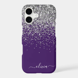 Silver Purple Glitter Girly Monogram Name iPhone 17 Case