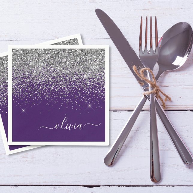 Silver Purple Glitter Girly Monogram Name Napkins (Creator Uploaded)