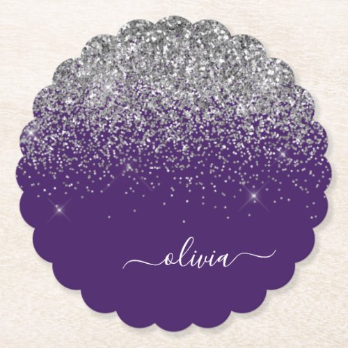 Silver Purple Glitter Girly Monogram Name Paper Coaster