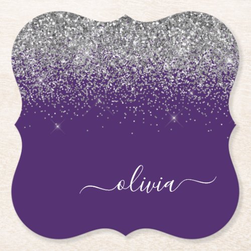 Silver Purple Glitter Girly Monogram Name Paper Coaster
