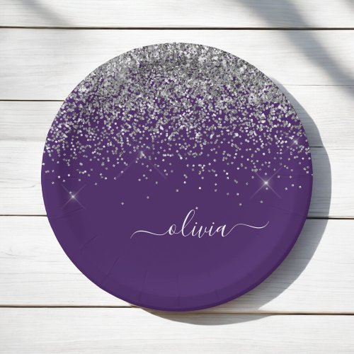 Silver Purple Glitter Girly Monogram Name Paper Plates