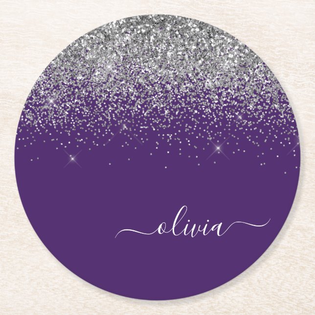 Silver Purple Glitter Girly Monogram Name Round Paper Coaster (Front)
