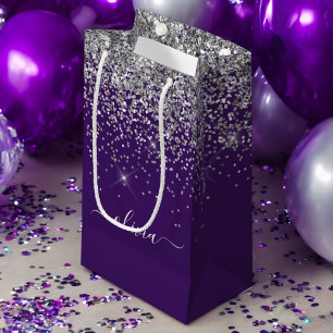 Silver Purple Glitter Girly Monogram Name Small Gift Bag