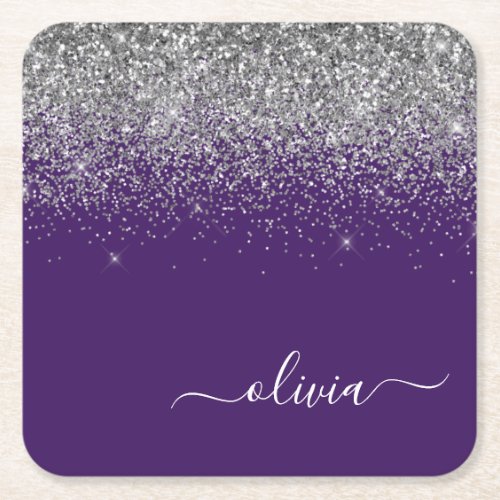 Silver Purple Glitter Girly Monogram Name Square Paper Coaster
