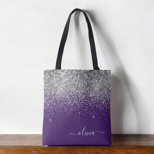 Silver Purple Glitter Girly Monogram Name Tote Bag