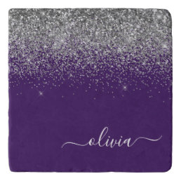 Silver Purple Glitter Girly Monogram Name Trivet