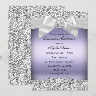 Silver Purple Glitter Jewel Bow Quinceanera Invitation