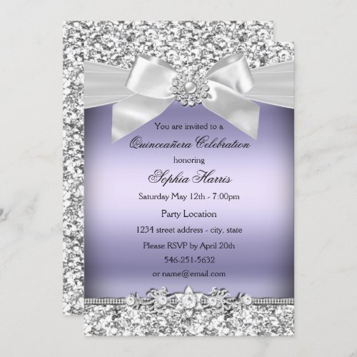 Silver Purple Glitter Jewel Bow Quinceanera Invitation