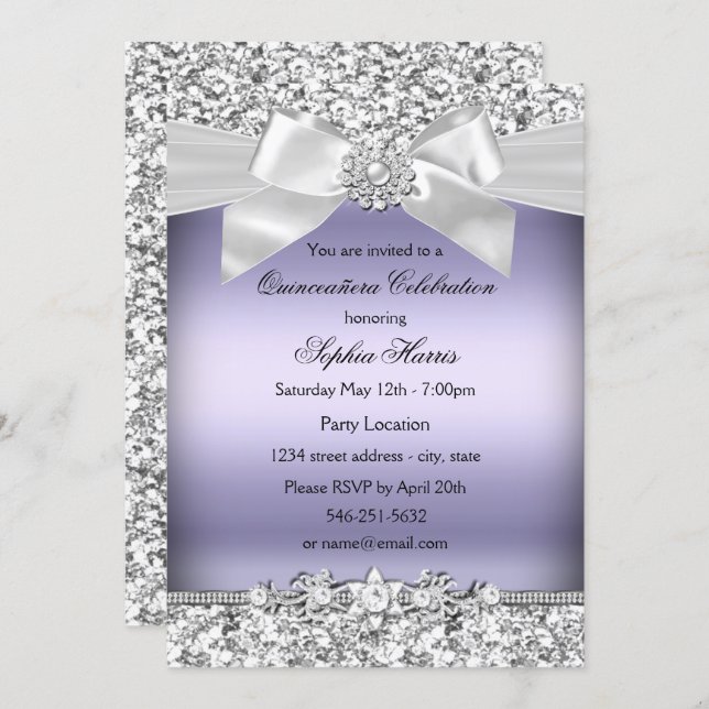Silver Purple Glitter Jewel Bow Quinceanera Invitation (Front/Back)