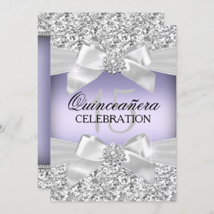 Silver Purple Glitter Jewel Bow Quinceanera Invitation