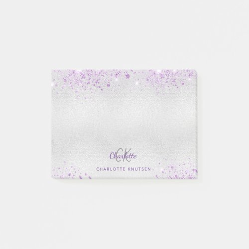 Silver purple glitter metallic monogram name post_it notes