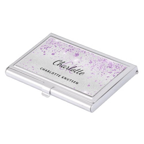 Silver purple glitter monogram initails name business card case