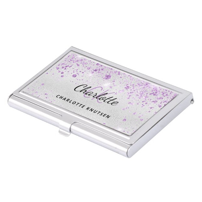 Silver purple glitter monogram initails name business card case (Front)