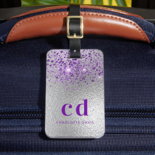 Silver purple glitter monogram initials luggage tag