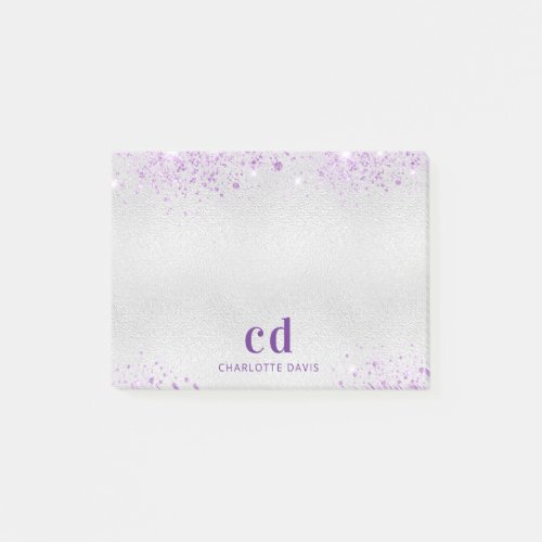 Silver purple glitter monogram initials name post_it notes