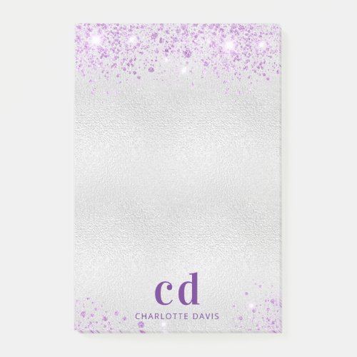 Silver purple glitter monogram initials name post_it notes