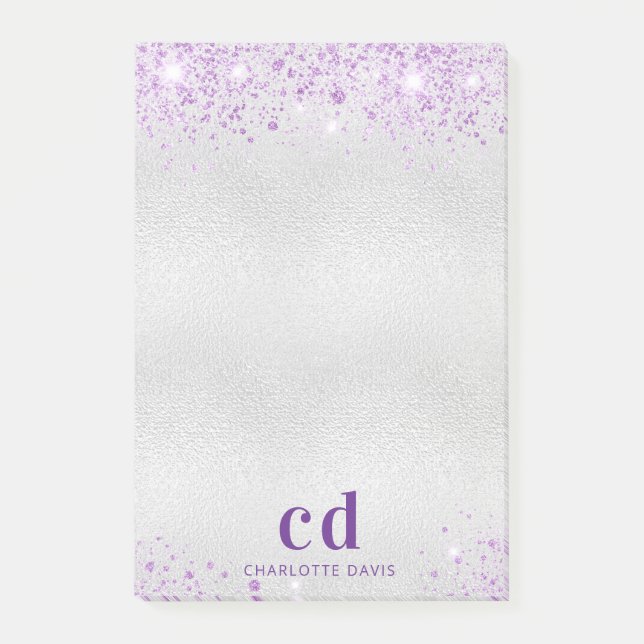 Silver purple glitter monogram initials name post-it notes (Front)
