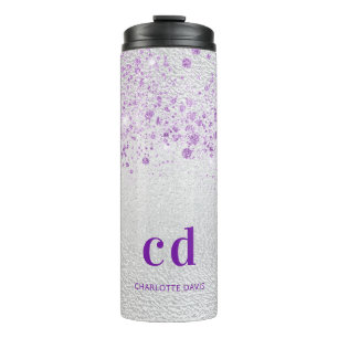 Silver purple glitter monogram initials thermal tumbler