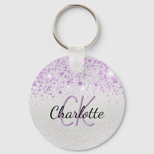Silver purple glitter monogram keychain