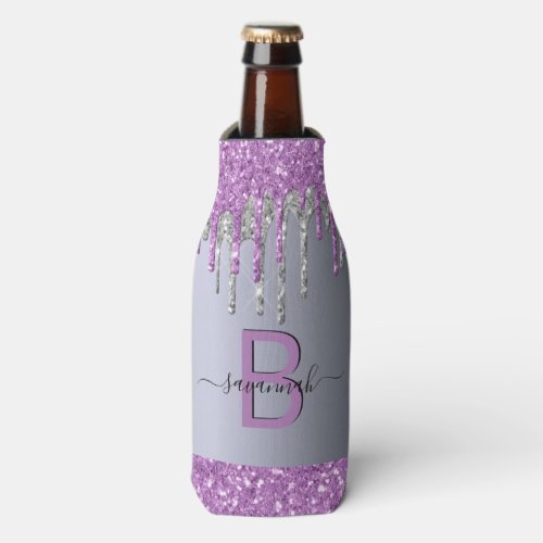 Silver purple glitter monogram name birthday bottle cooler