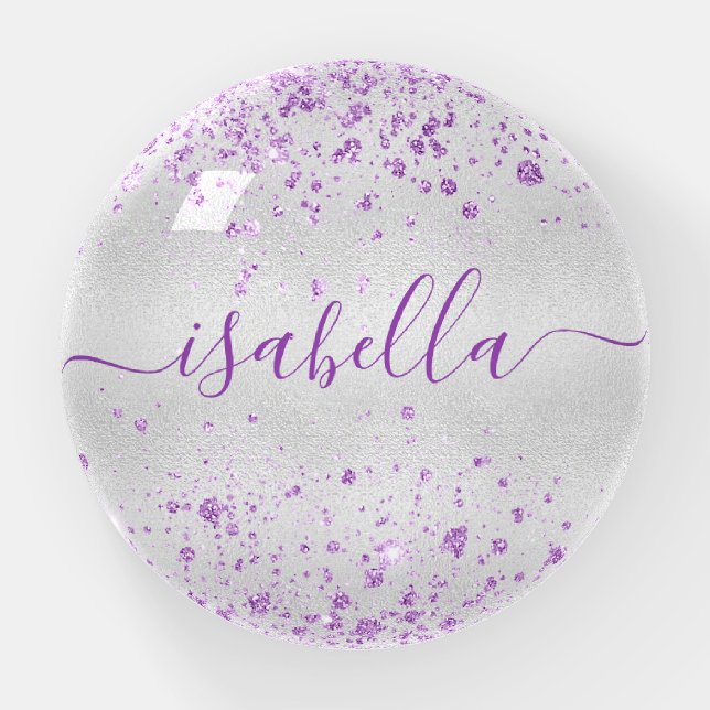 Silver purple glitter monogram name script paperweight (Front)