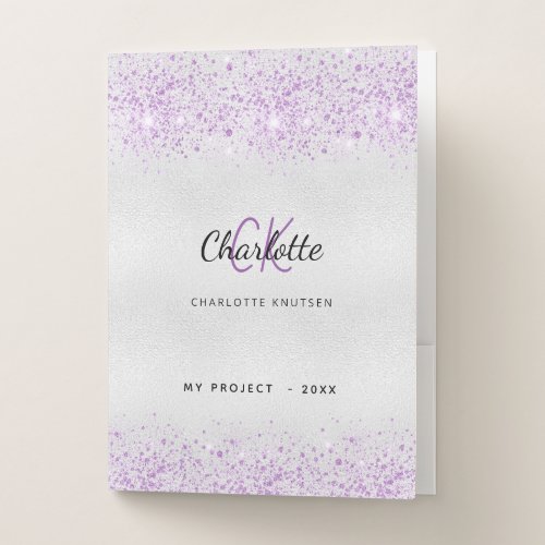Silver purple glitter monogram professional pocket folder