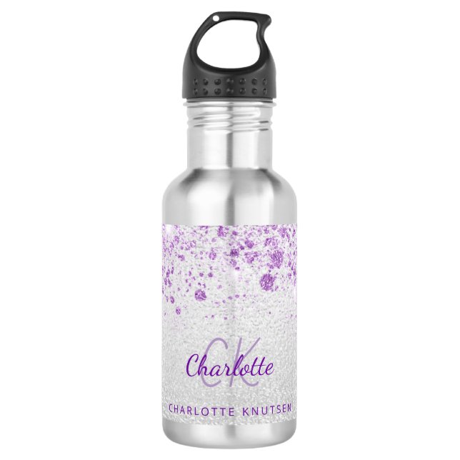Silver purple glitter monogram stainless steel water bottle (Front)