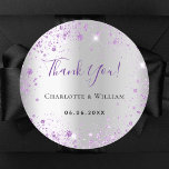 Silver purple glitter name date wedding classic round sticker<br><div class="desc">A faux silver looking background. Decorated with purple faux glitter dust. Personalize and your names and a date. With the text: Thank you in purple.
Can be used for favors and also as a Save the Date reminder for the guests.</div>