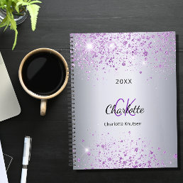 Silver purple glitter name monogram 2024 planner
