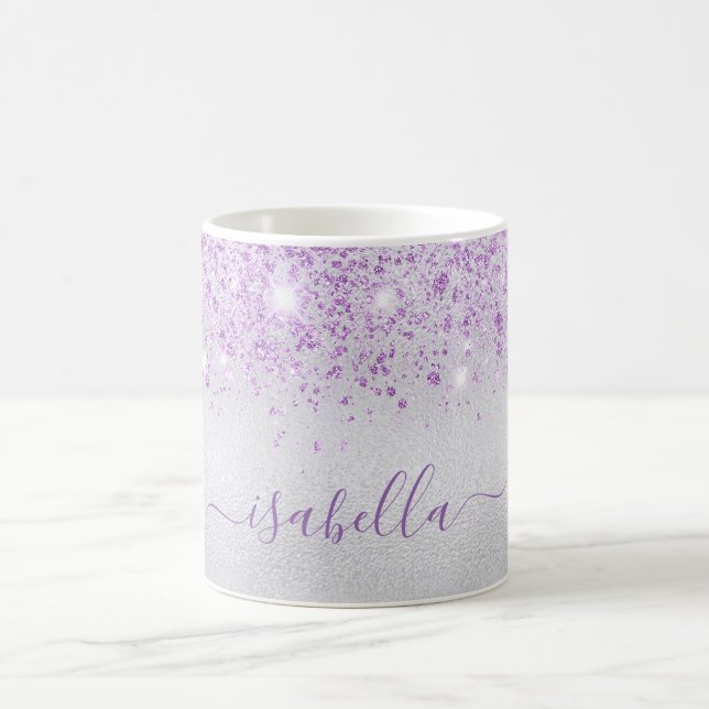 Silver purple glitter name script glamorous coffee mug (Center)