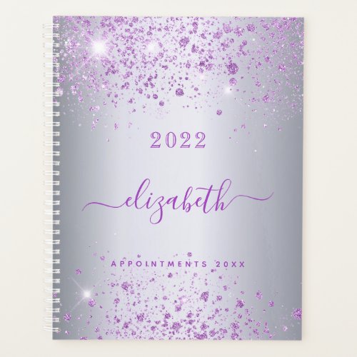 Silver purple glitter name script planner