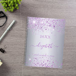 Silver purple glitter name script planner<br><div class="desc">A faux silver looking background decorated with purple faux glitter.  Personalize and add your name. The name is written with a modern hand lettered style script with swashes. 
To keep the swashes only delete the sample name,  leave the spaces or emoji's in front and after the name.</div>