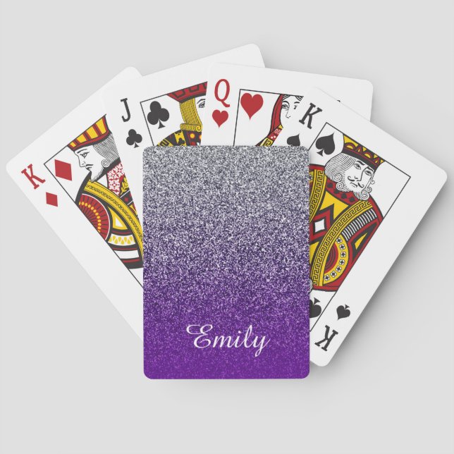 Silver Purple Glitter Ombre Personalized Poker Cards (Back)