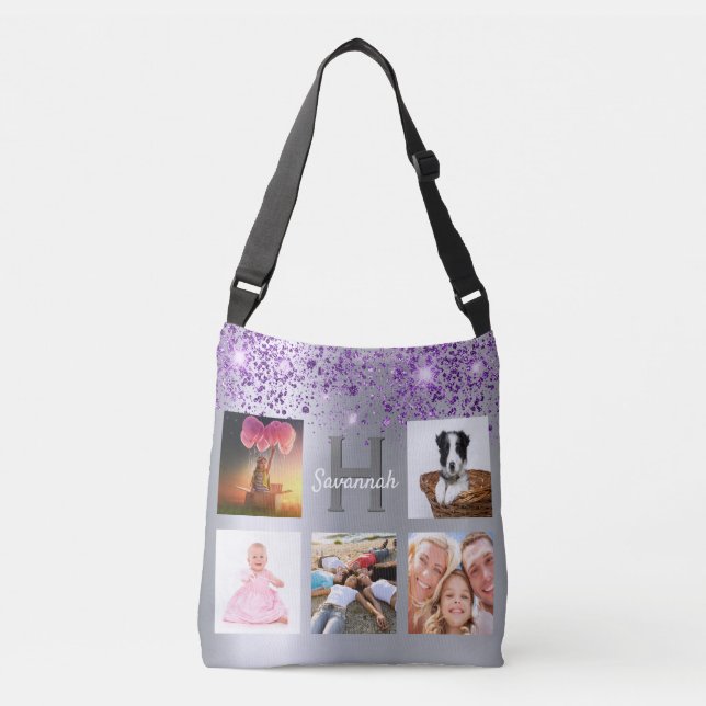 Silver purple glitter photo collage name crossbody bag (Front)