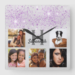 Silver purple glitter photo collage name square wall clock