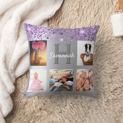 Silver purple glitter photo collage name throw pillow